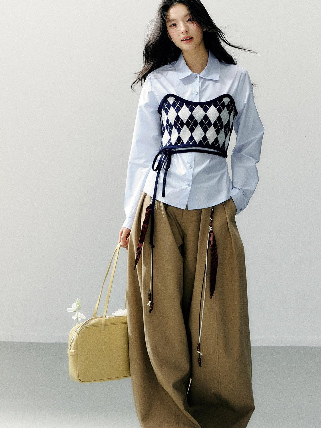 7Shiftin Two Piece Checkered Diamond Bustier Long Sleeve Lapel Women&
