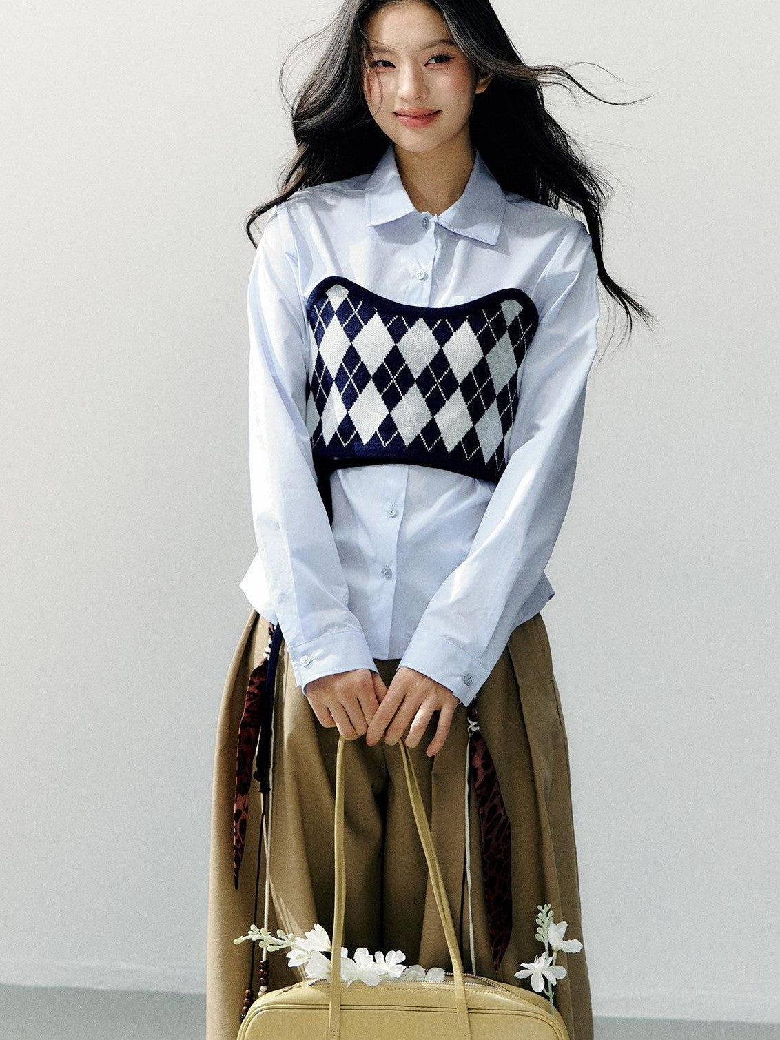 7Shiftin Two Piece Checkered Diamond Bustier Long Sleeve Lapel Women&