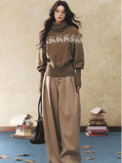 7Shiftin Two Tone Animal High Neck Loose Vintage Knit Women&