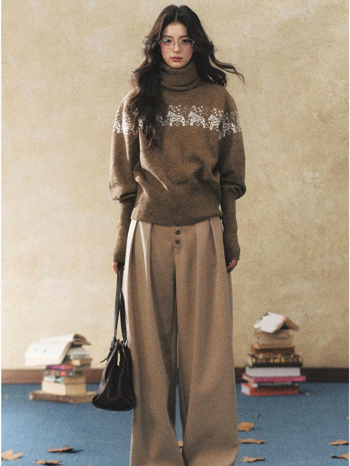 7Shiftin Two Tone Animal High Neck Loose Vintage Knit Women&