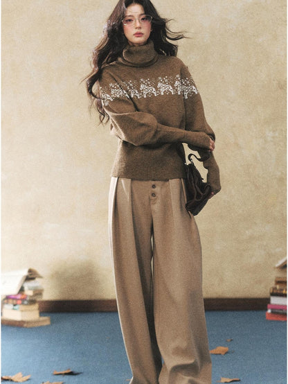 7Shiftin Two Tone Animal High Neck Loose Vintage Knit Women&