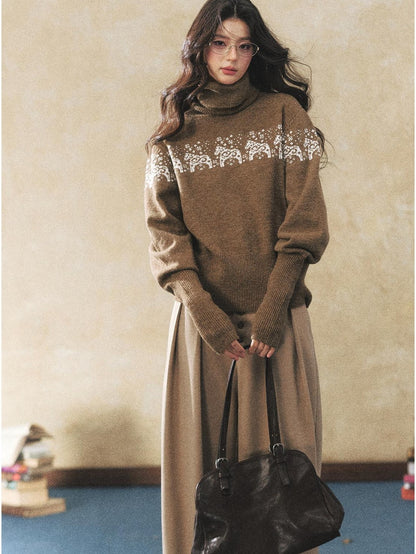 7Shiftin Two Tone Animal High Neck Loose Vintage Knit Women&