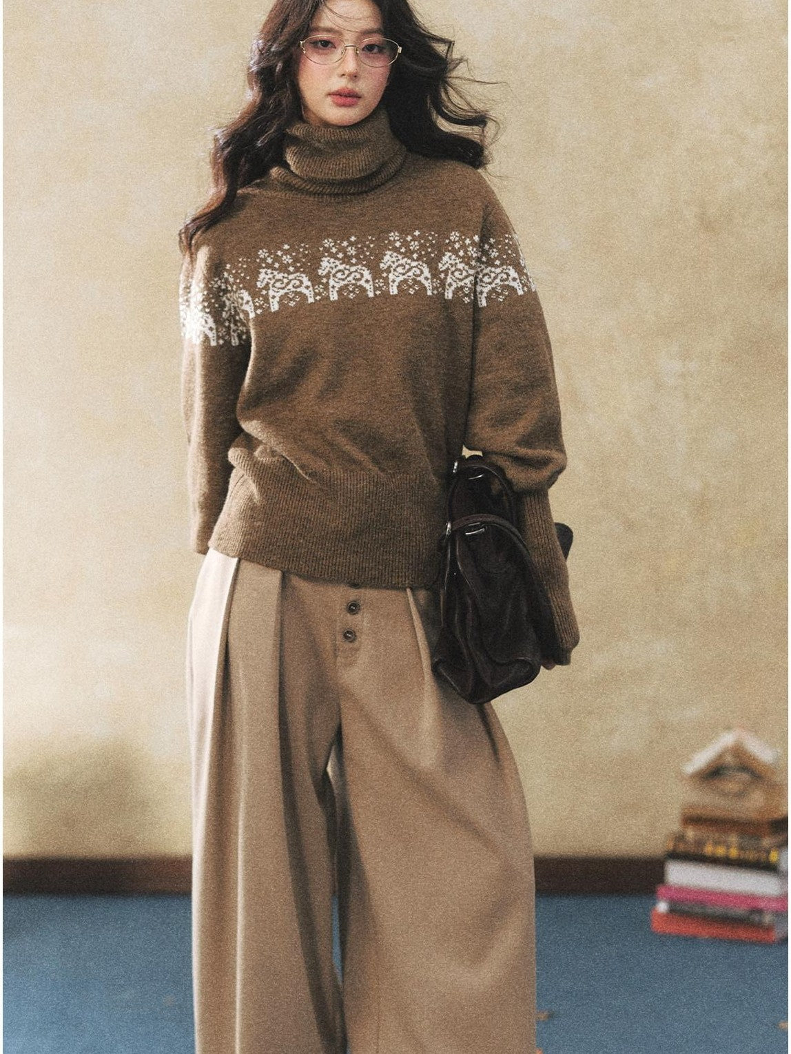 7Shiftin Two Tone Animal High Neck Loose Vintage Knit Women&