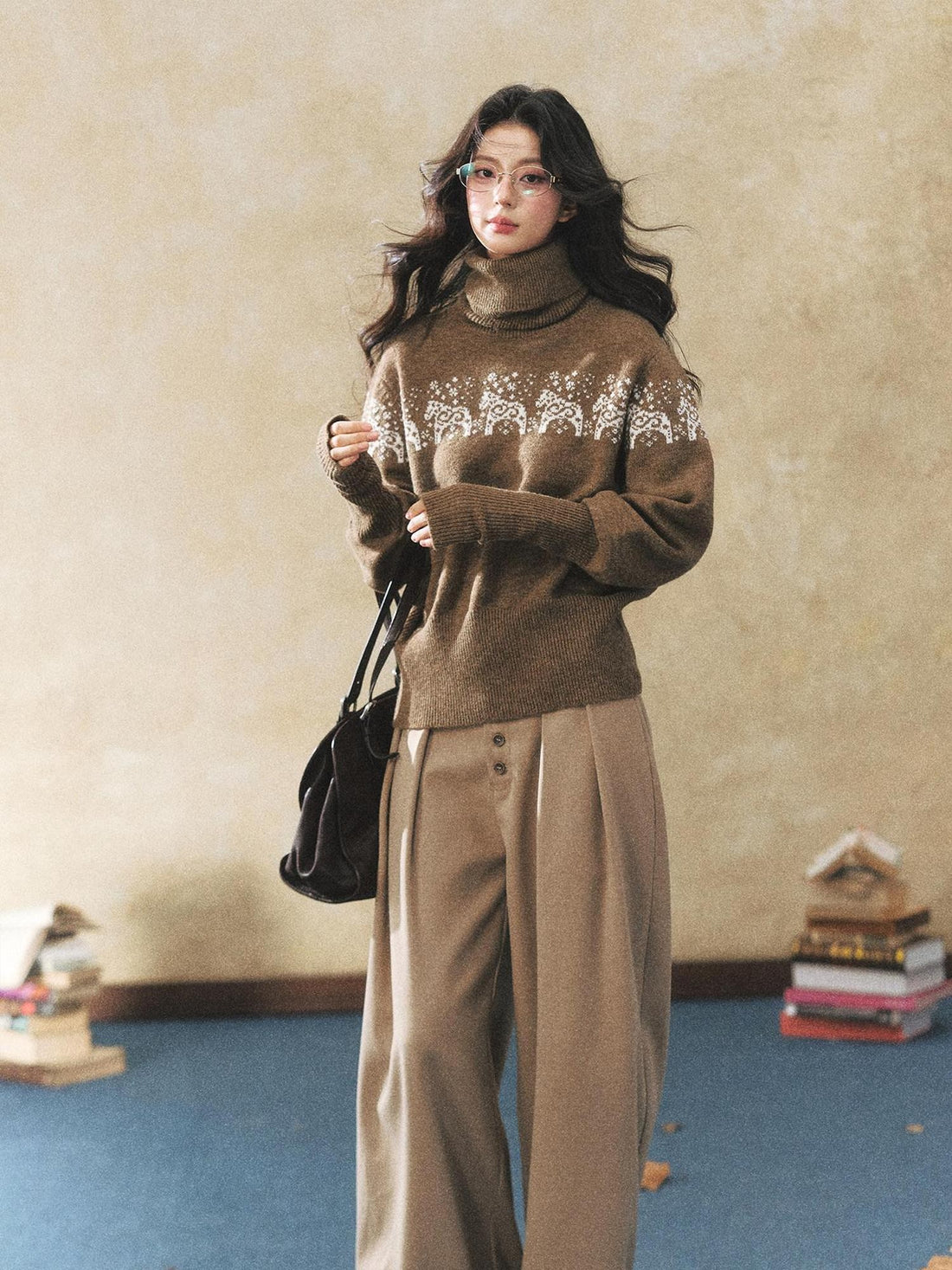 7Shiftin Two Tone Animal High Neck Loose Vintage Knit Women&