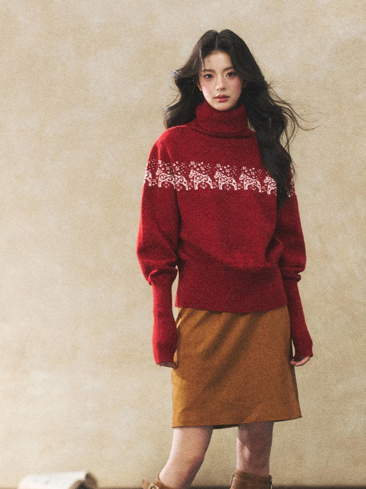 7Shiftin Two Tone Animal High Neck Loose Vintage Knit Women&