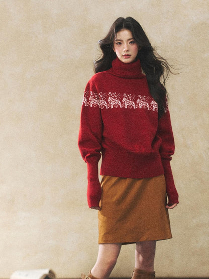 7Shiftin Two Tone Animal High Neck Loose Vintage Knit Women&
