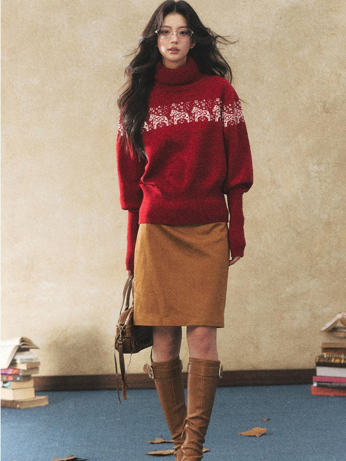 7Shiftin Two Tone Animal High Neck Loose Vintage Knit Women&