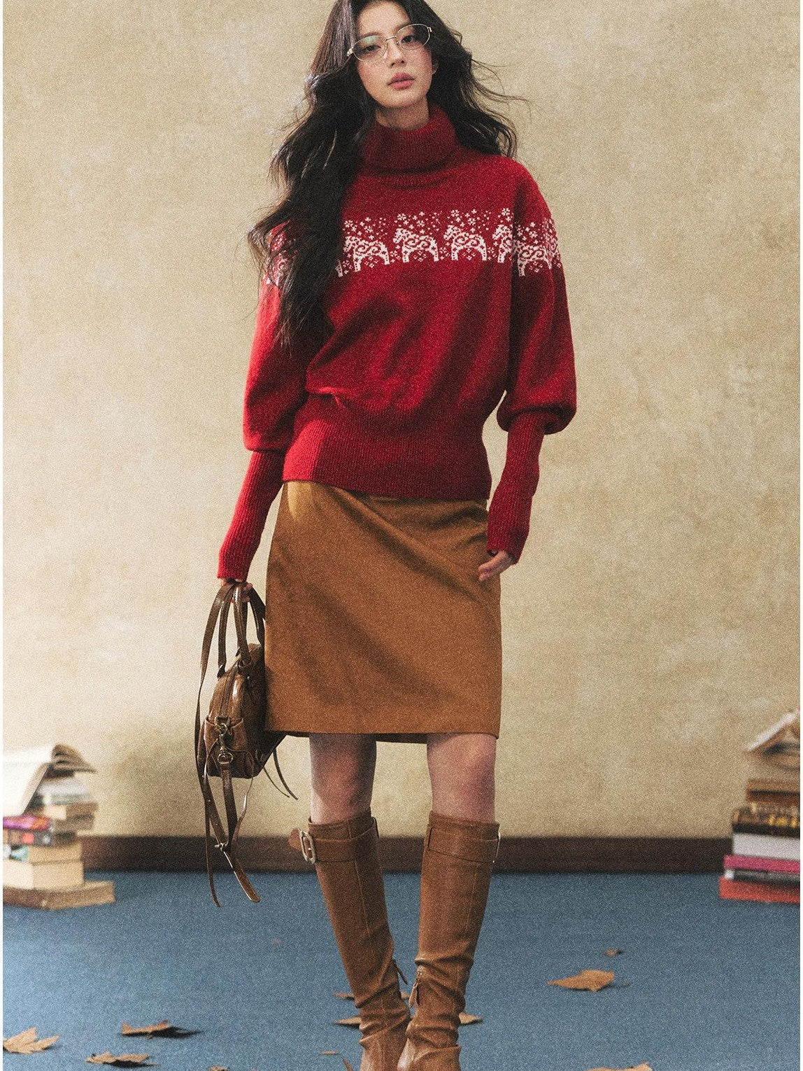 7Shiftin Two Tone Animal High Neck Loose Vintage Knit Women&