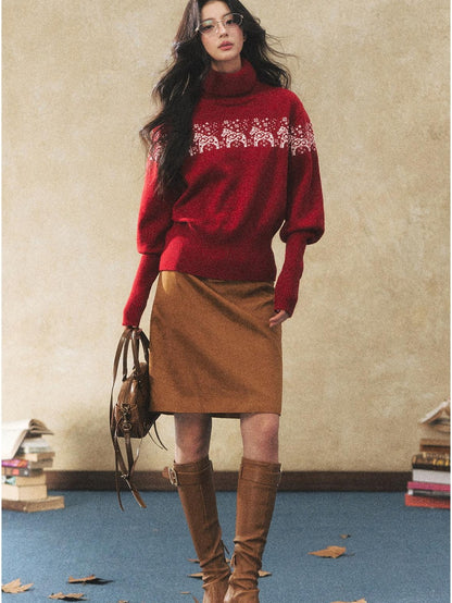 7Shiftin Two Tone Animal High Neck Loose Vintage Knit Women&