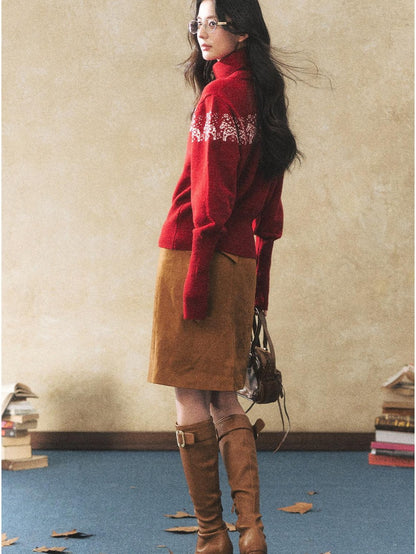 7Shiftin Two Tone Animal High Neck Loose Vintage Knit Women&