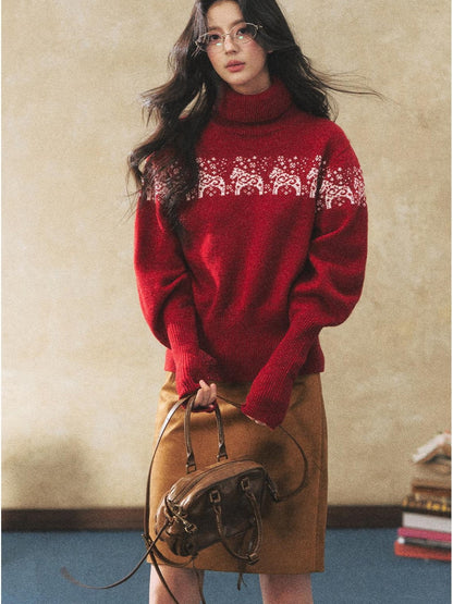 7Shiftin Two Tone Animal High Neck Loose Vintage Knit Women&