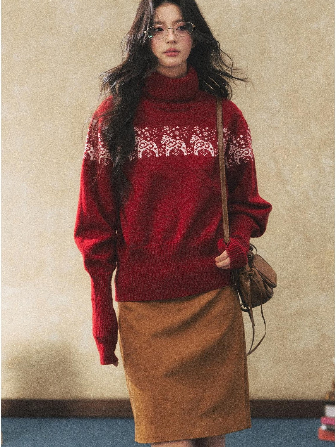 7Shiftin Two Tone Animal High Neck Loose Vintage Knit Women&