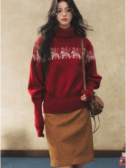 7Shiftin Two Tone Animal High Neck Loose Vintage Knit Women&