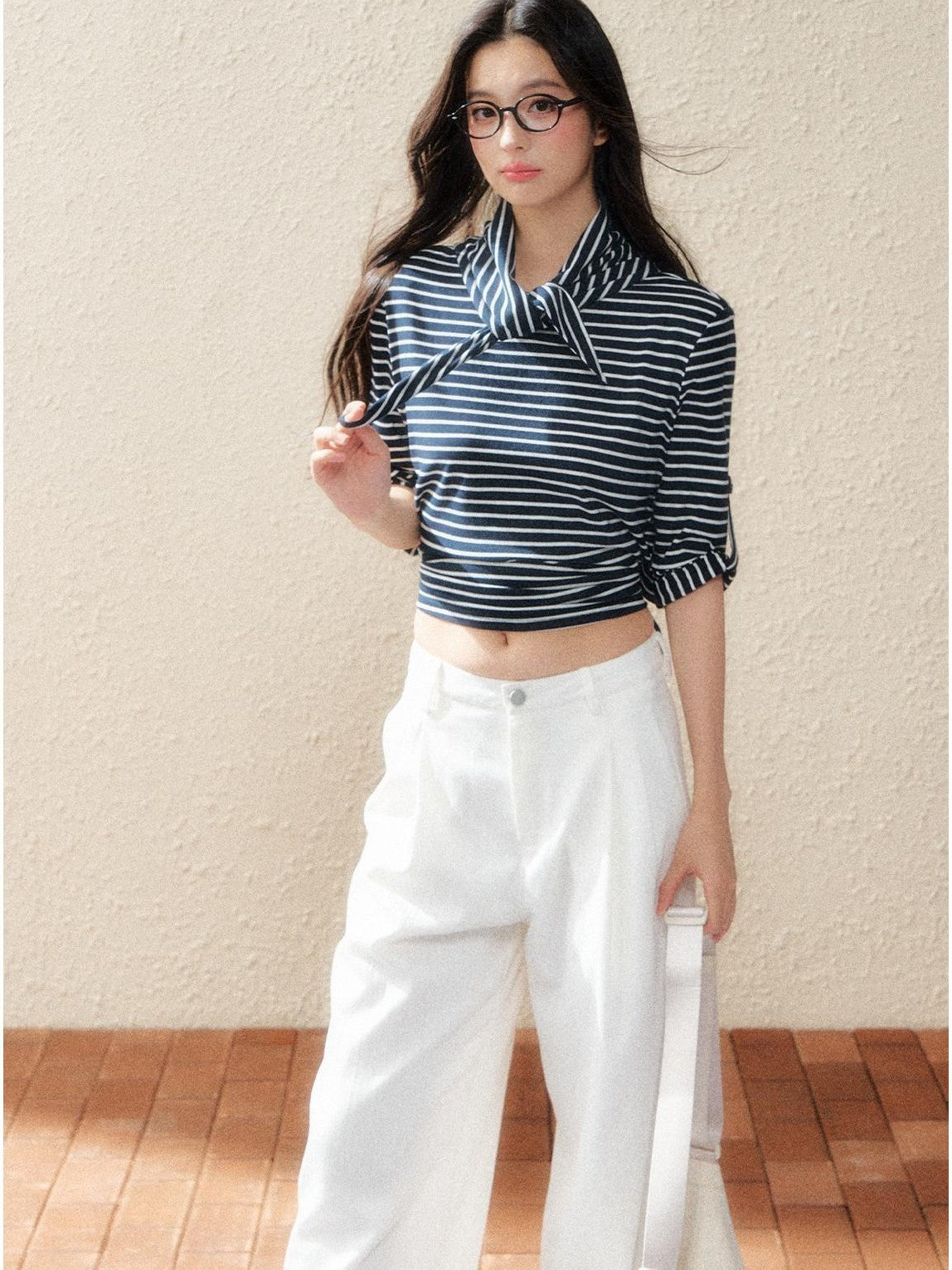 7Shiftin Two Tone Asymmetric Cropped Striped Women&