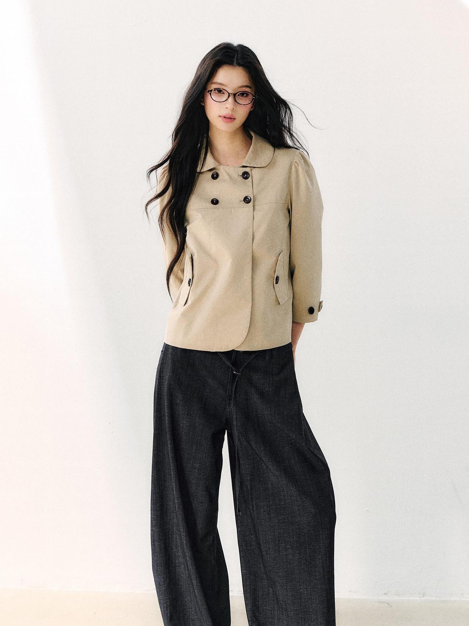 7Shiftin Two Tone Double Breasted Doll Collar 3 4 Sleeve Women&