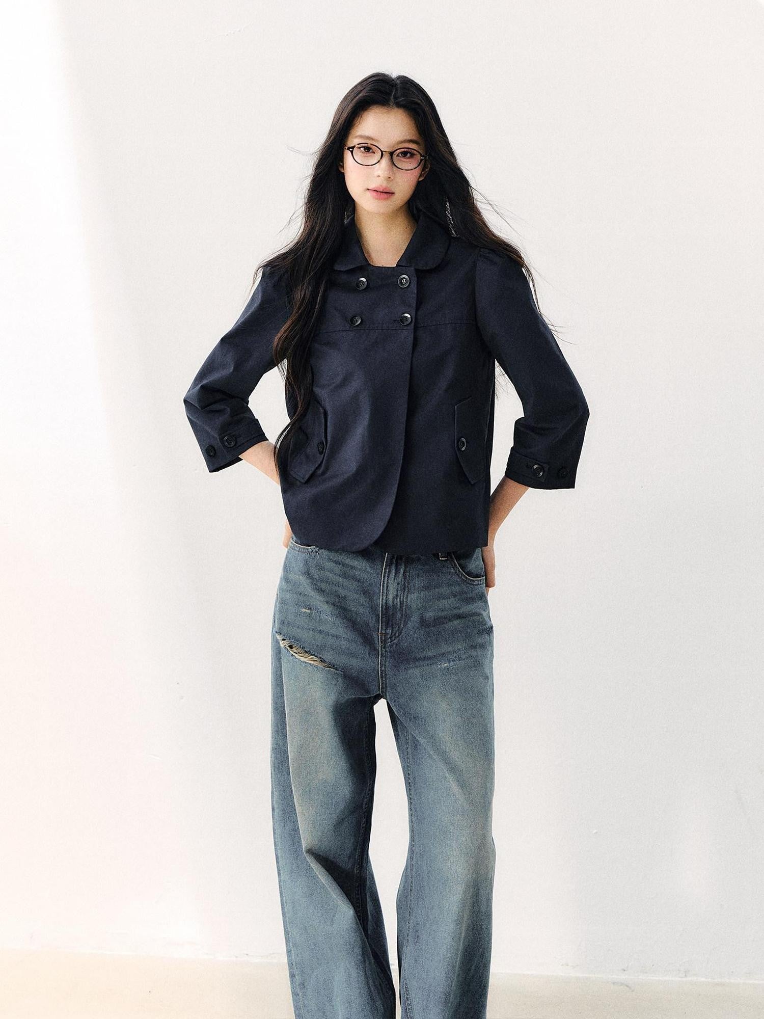 7Shiftin Two Tone Double Breasted Doll Collar 3 4 Sleeve Women&