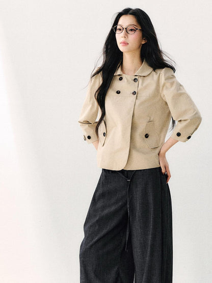 7Shiftin Two Tone Double Breasted Doll Collar 3 4 Sleeve Women&