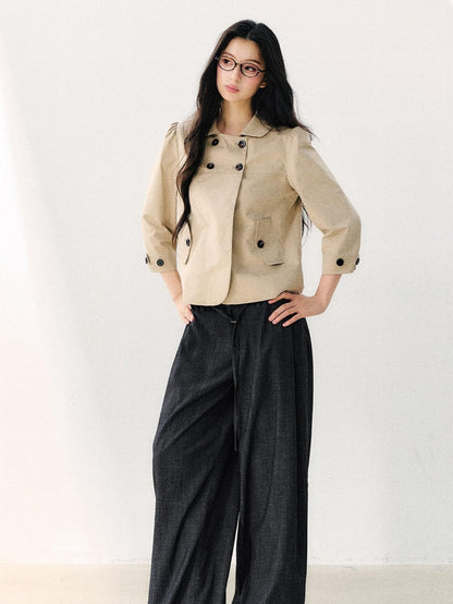 7Shiftin Two Tone Double Breasted Doll Collar 3 4 Sleeve Women&