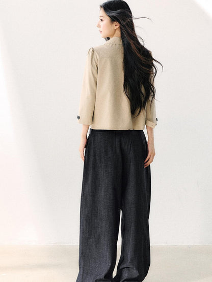 7Shiftin Two Tone Double Breasted Doll Collar 3 4 Sleeve Women&