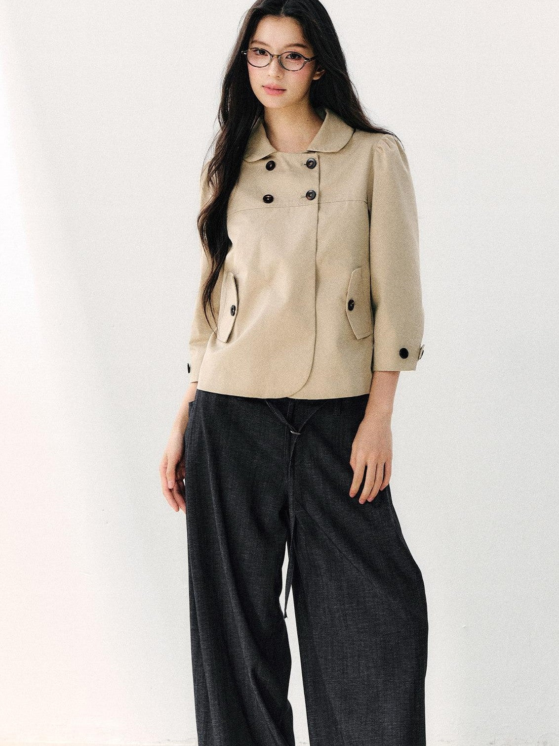 7Shiftin Two Tone Double Breasted Doll Collar 3 4 Sleeve Women&