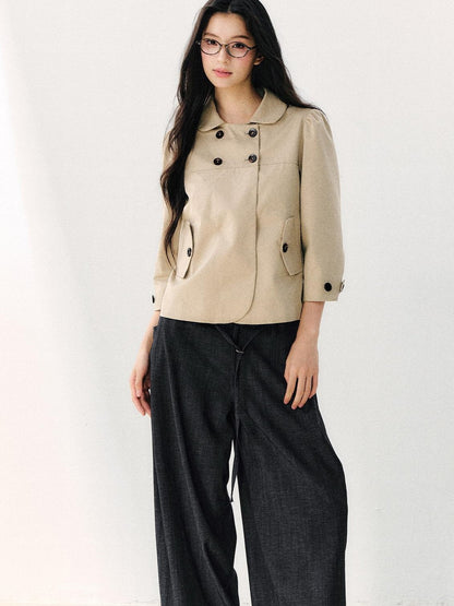 7Shiftin Two Tone Double Breasted Doll Collar 3 4 Sleeve Women&