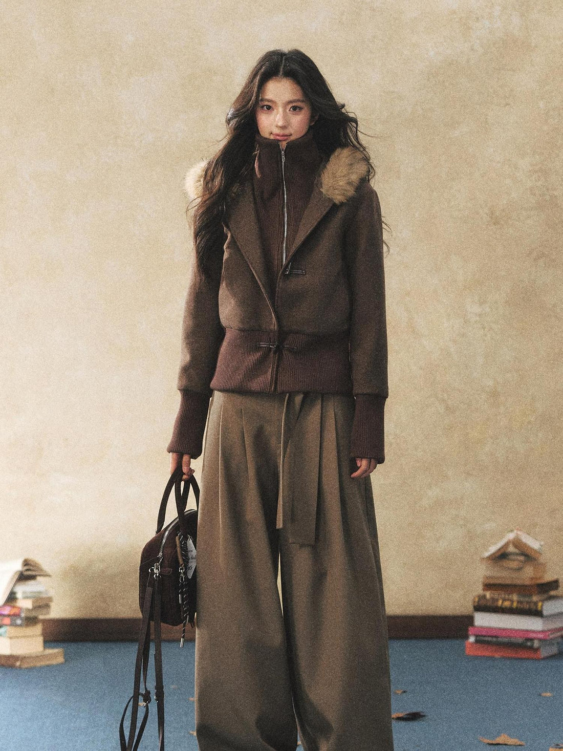 7Shiftin Two Tone Faux Two Piece Waist Cinched Fur Collar Women&