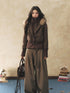 7Shiftin Two Tone Faux Two Piece Waist Cinched Fur Collar Women&
