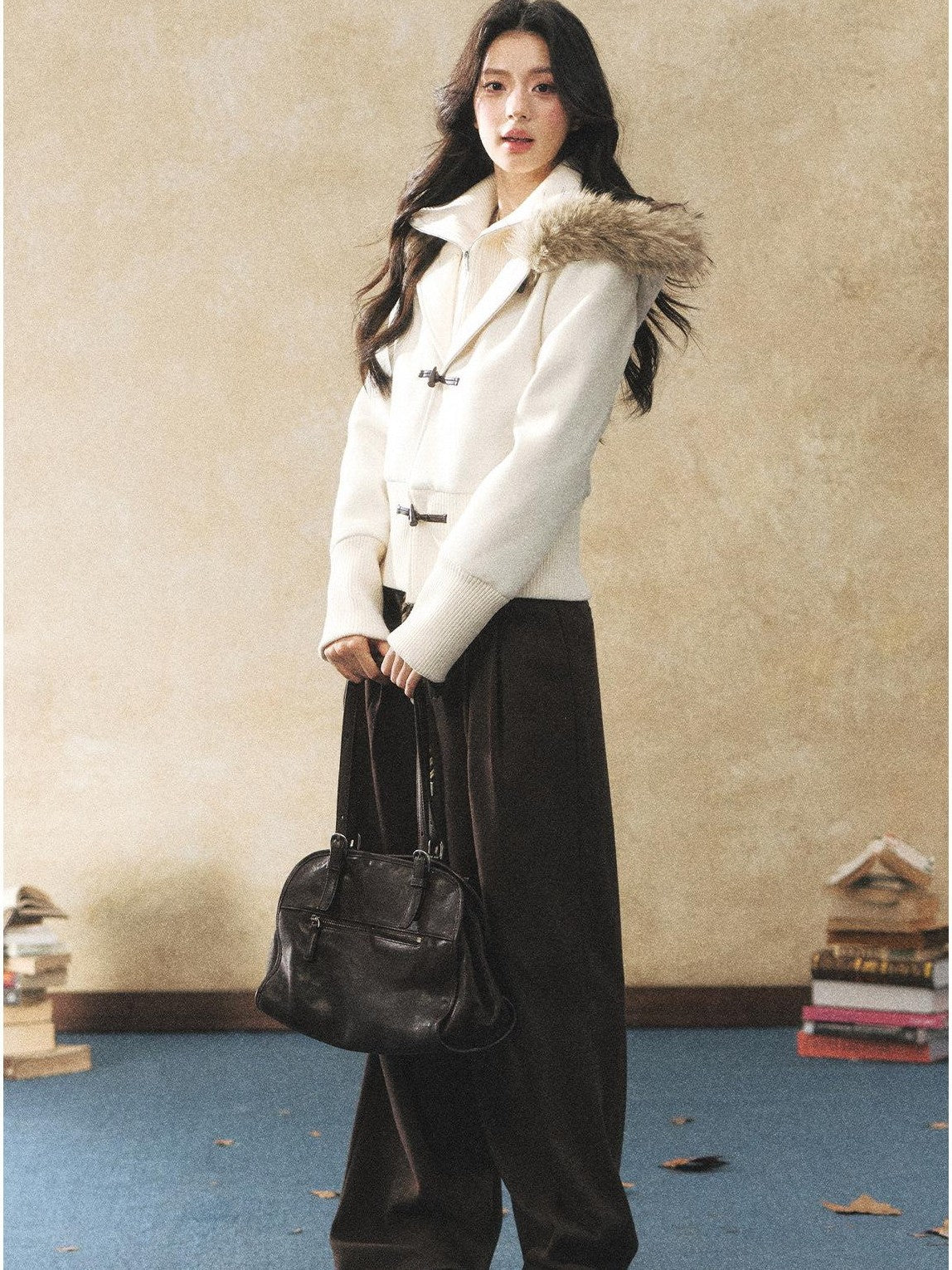 7Shiftin Two Tone Faux Two Piece Waist Cinched Fur Collar Women&