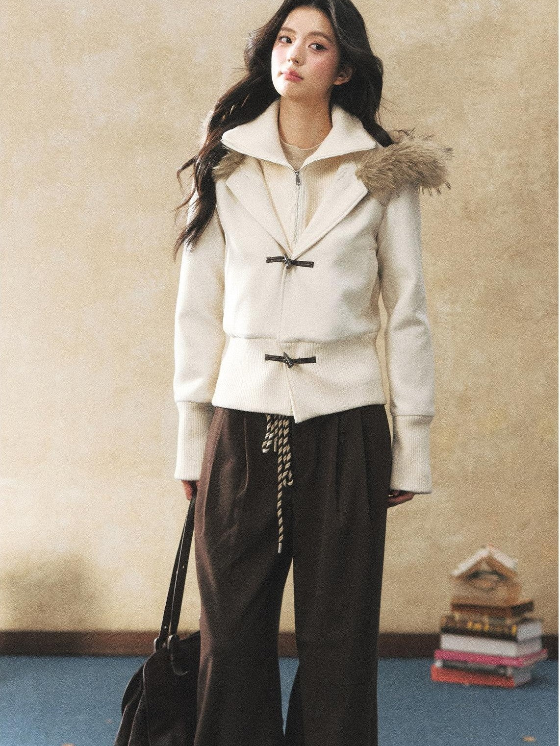 7Shiftin Two Tone Faux Two Piece Waist Cinched Fur Collar Women&