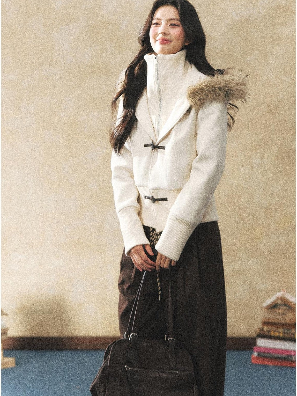 7Shiftin Two Tone Faux Two Piece Waist Cinched Fur Collar Women&