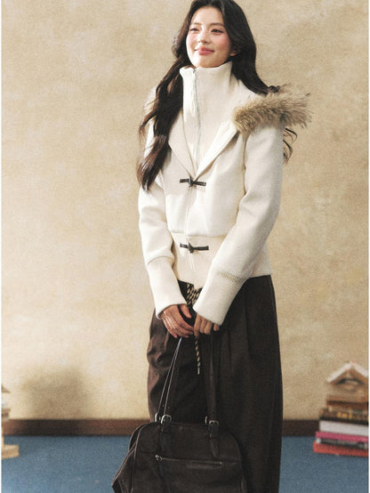 7Shiftin Two Tone Faux Two Piece Waist Cinched Fur Collar Women&