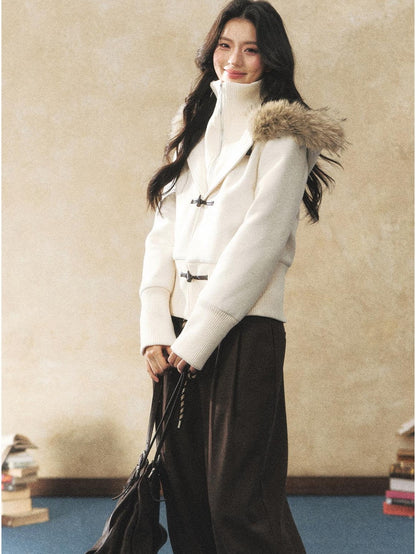 7Shiftin Two Tone Faux Two Piece Waist Cinched Fur Collar Women&