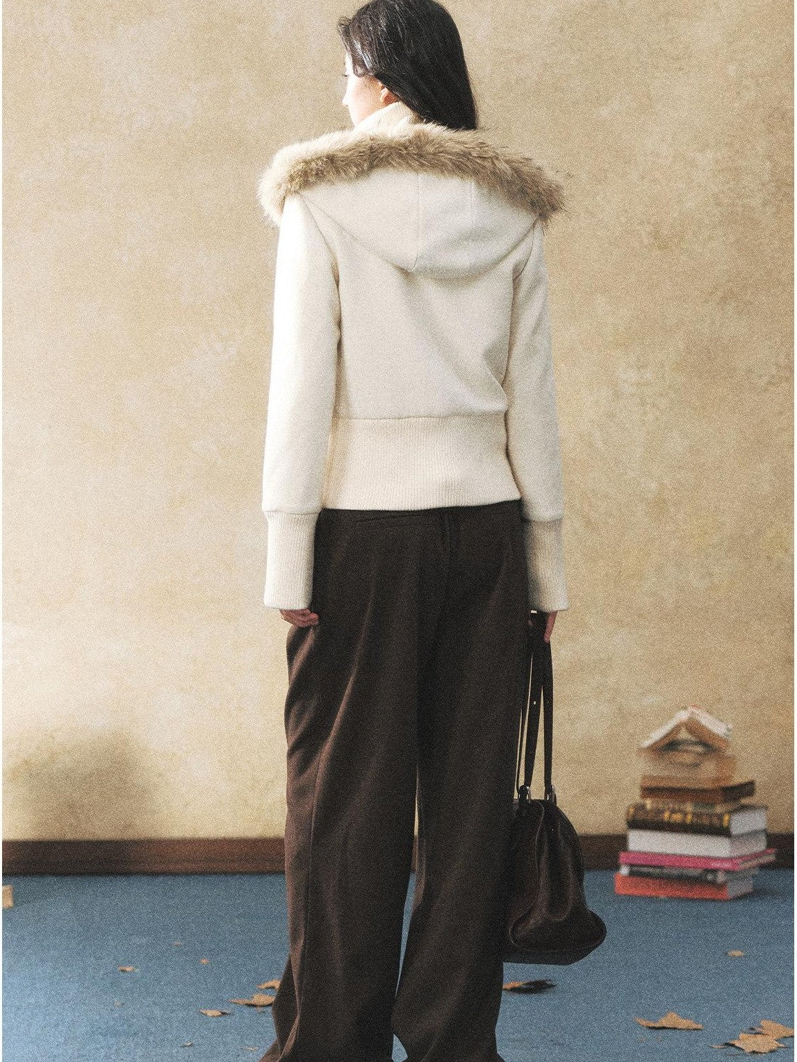7Shiftin Two Tone Faux Two Piece Waist Cinched Fur Collar Women&