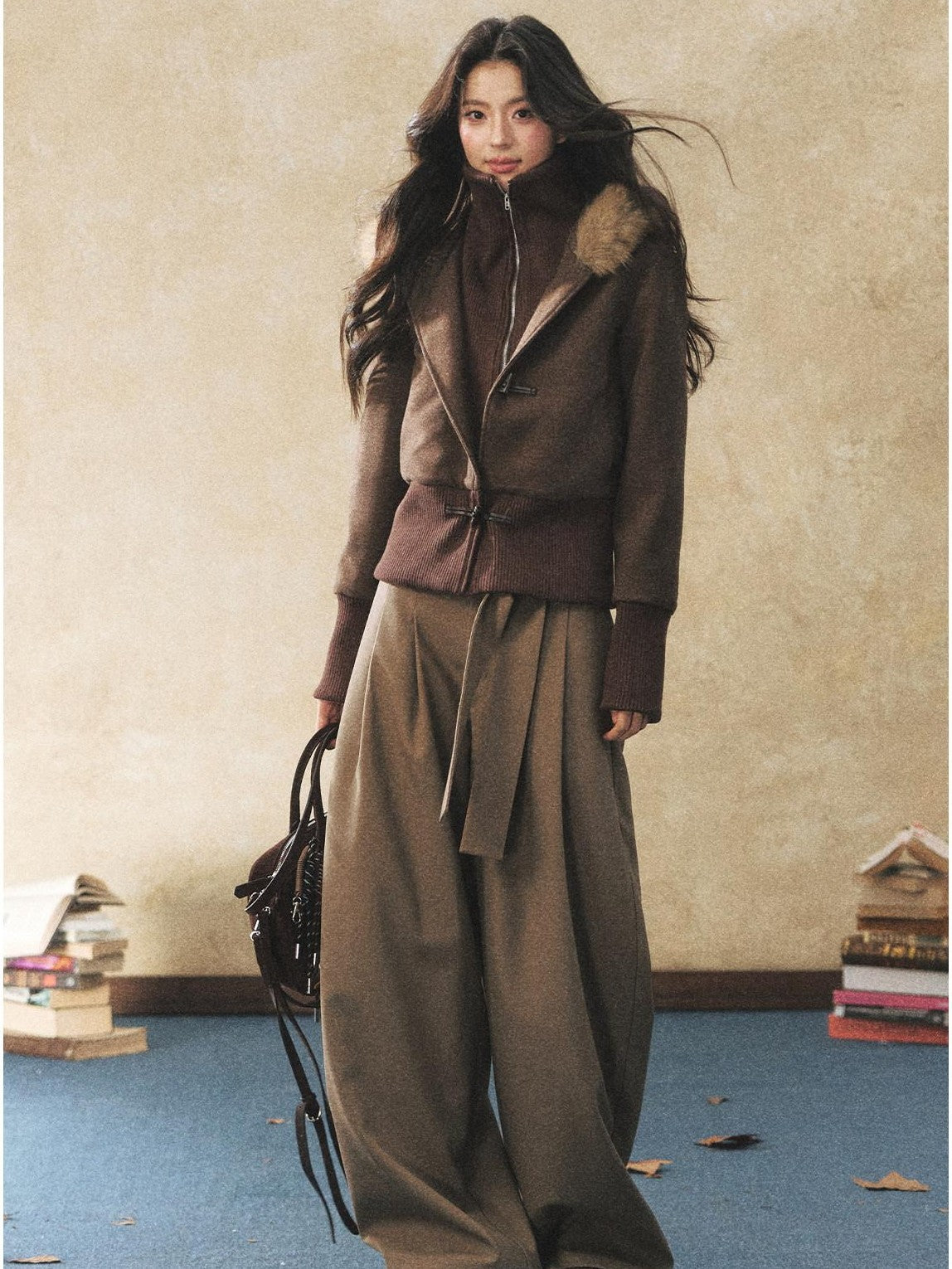 7Shiftin Two Tone Faux Two Piece Waist Cinched Fur Collar Women&