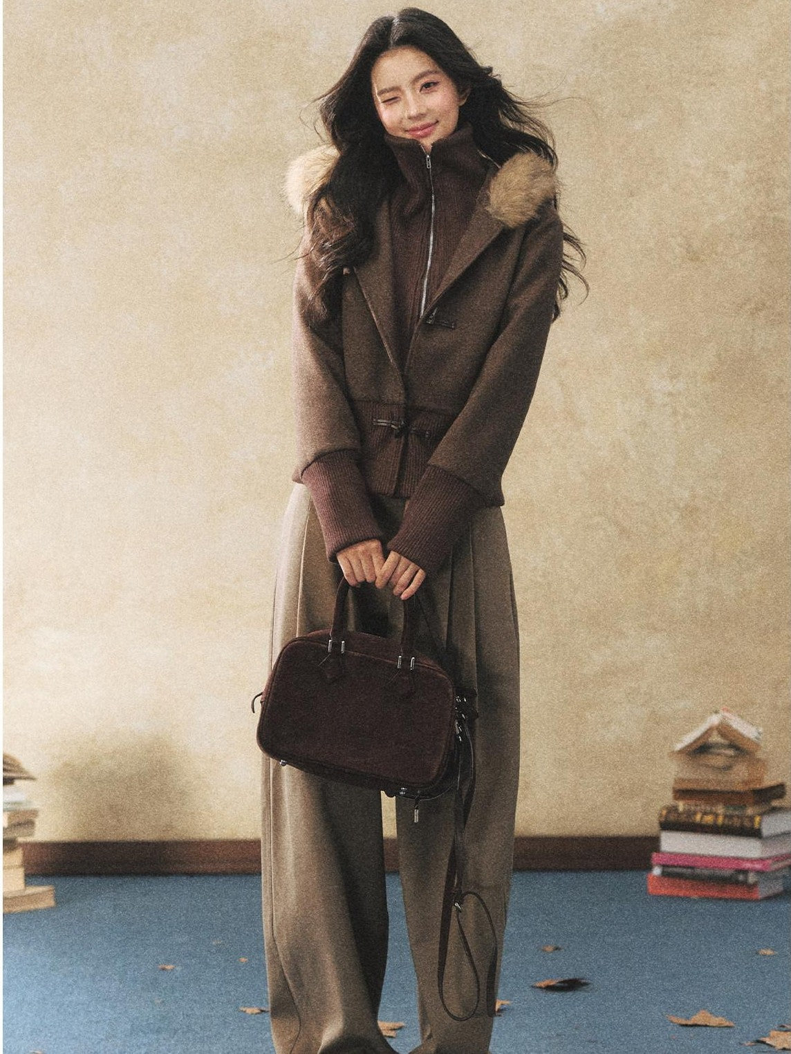 7Shiftin Two Tone Faux Two Piece Waist Cinched Fur Collar Women&