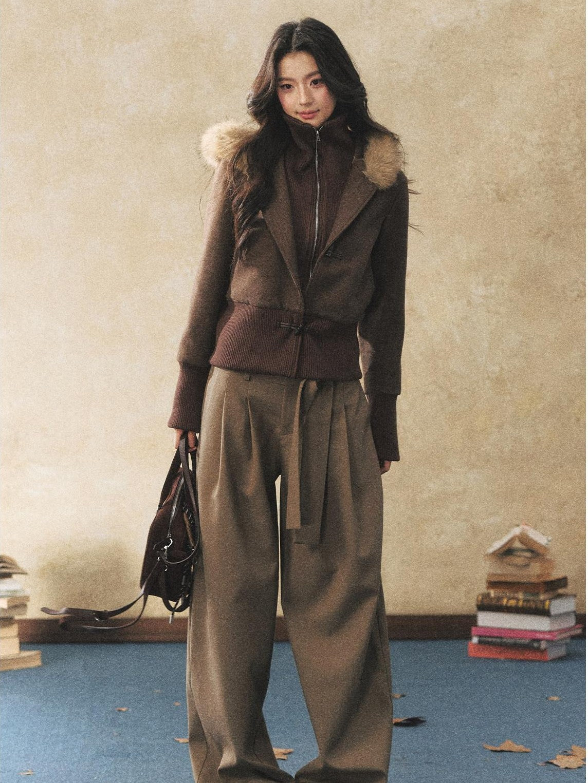 7Shiftin Two Tone Faux Two Piece Waist Cinched Fur Collar Women&