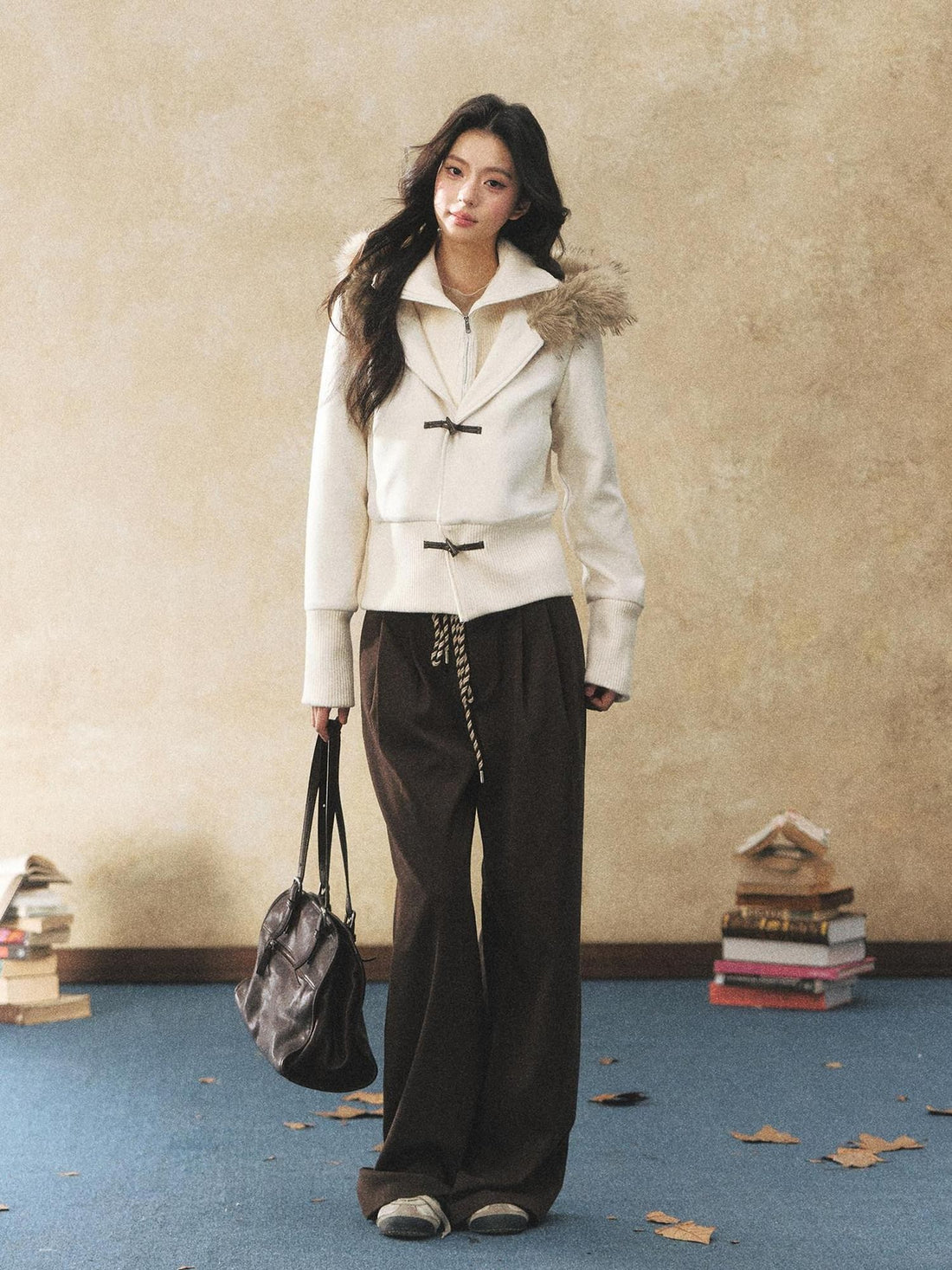 7Shiftin Two Tone Faux Two Piece Waist Cinched Fur Collar Women&