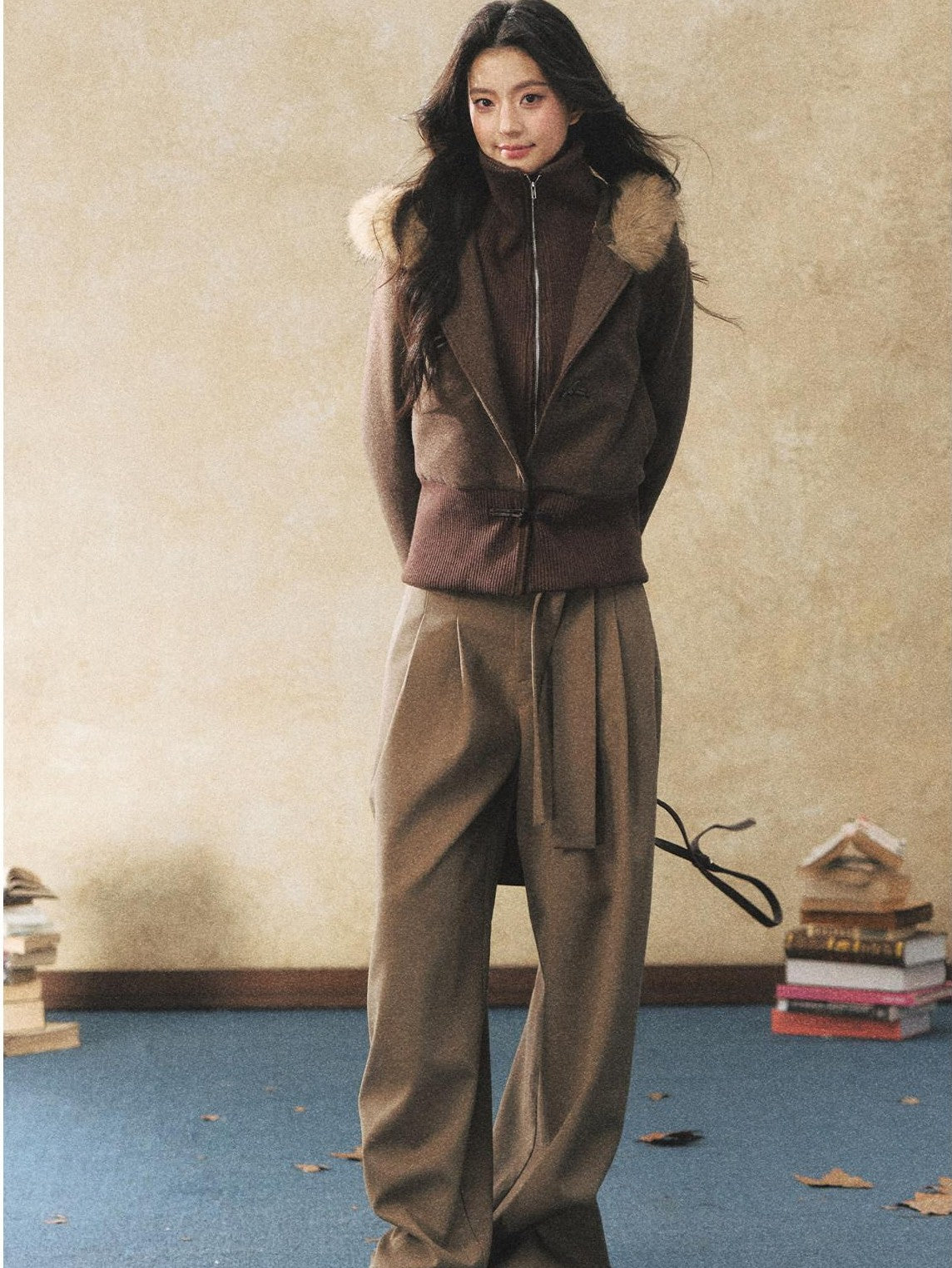 7Shiftin Two Tone Faux Two Piece Waist Cinched Fur Collar Women&