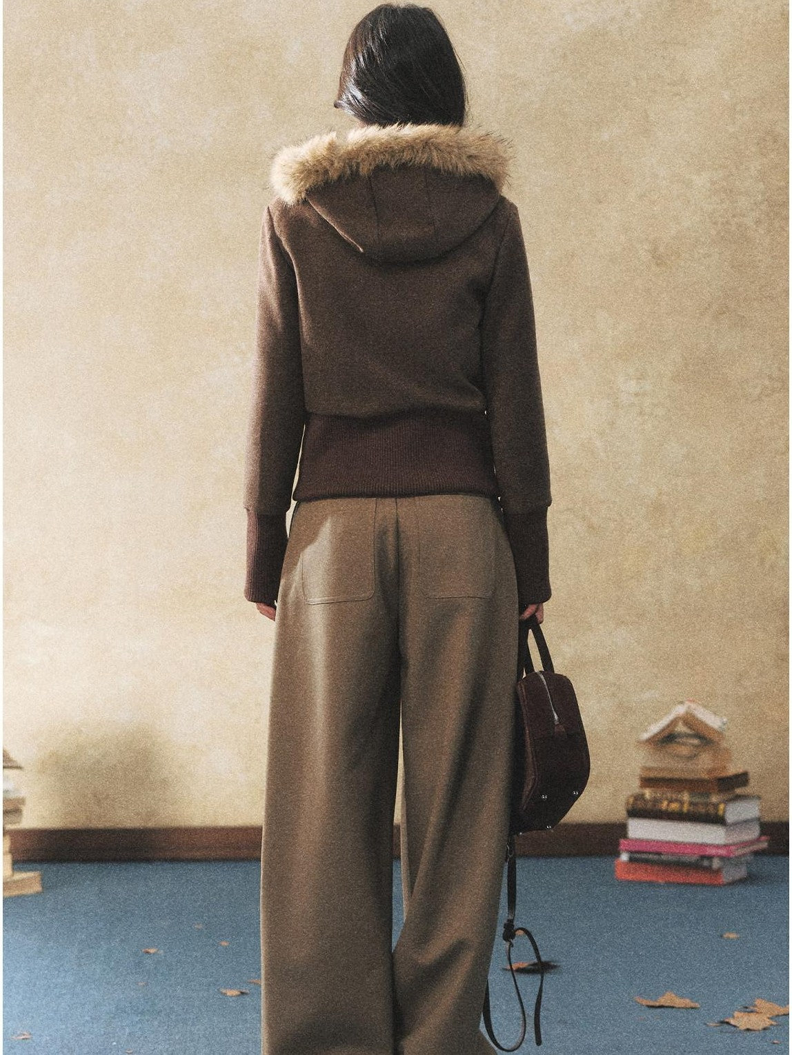 7Shiftin Two Tone Faux Two Piece Waist Cinched Fur Collar Women&