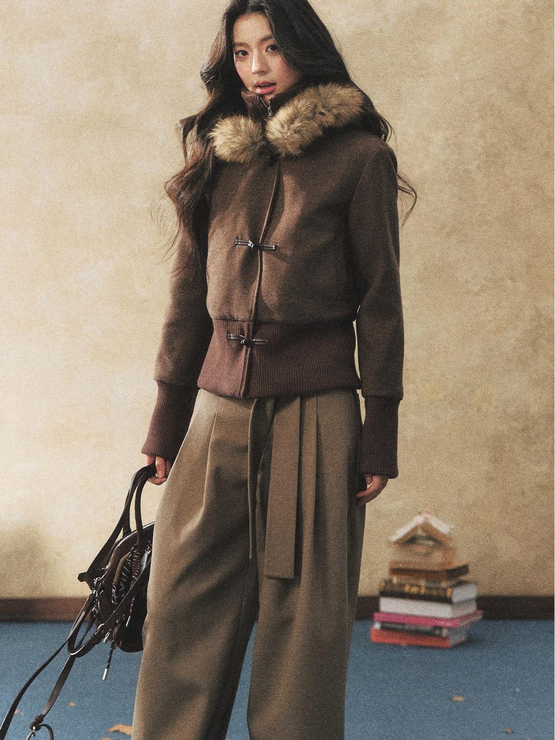 7Shiftin Two Tone Faux Two Piece Waist Cinched Fur Collar Women&