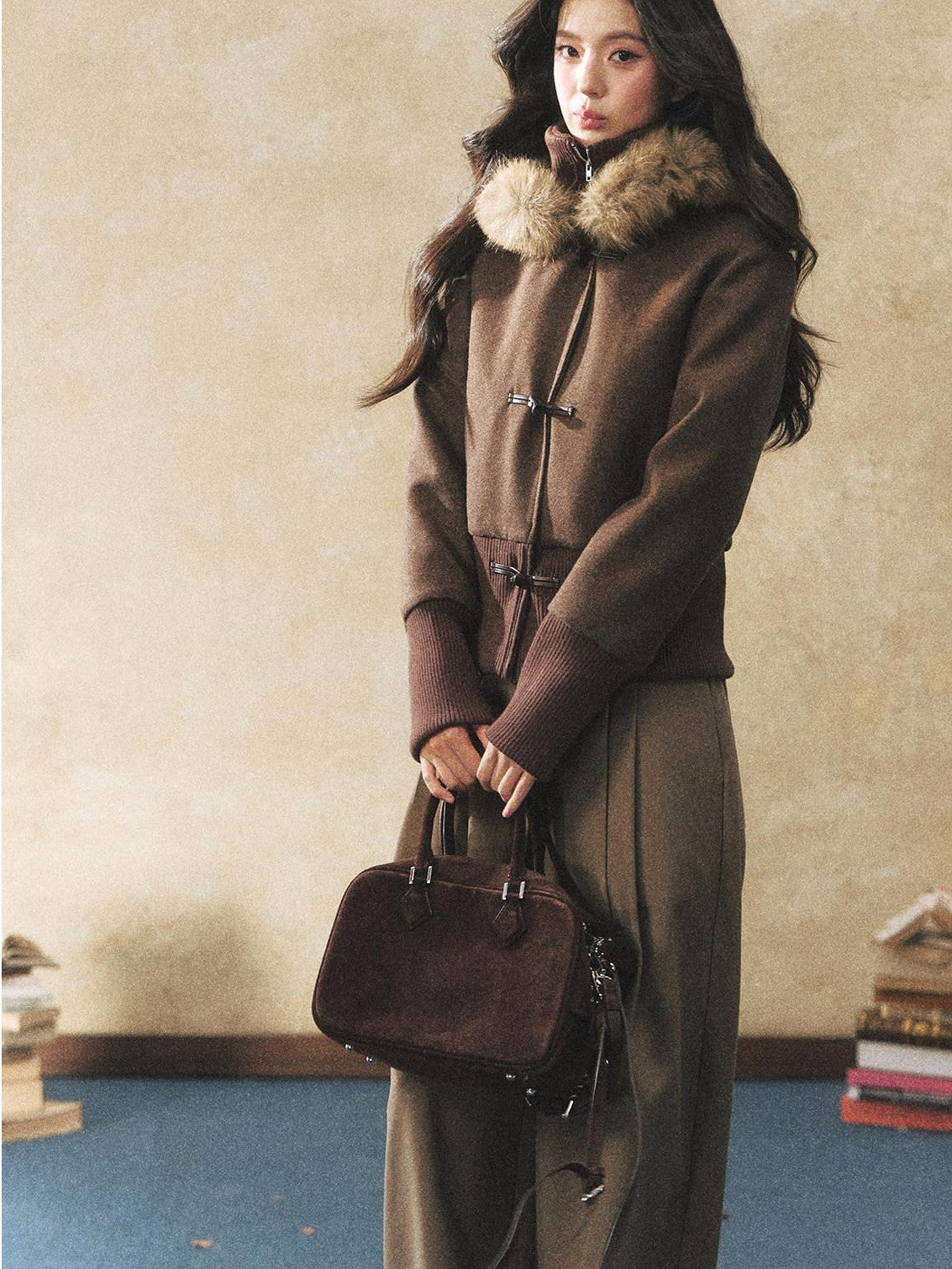7Shiftin Two Tone Faux Two Piece Waist Cinched Fur Collar Women&