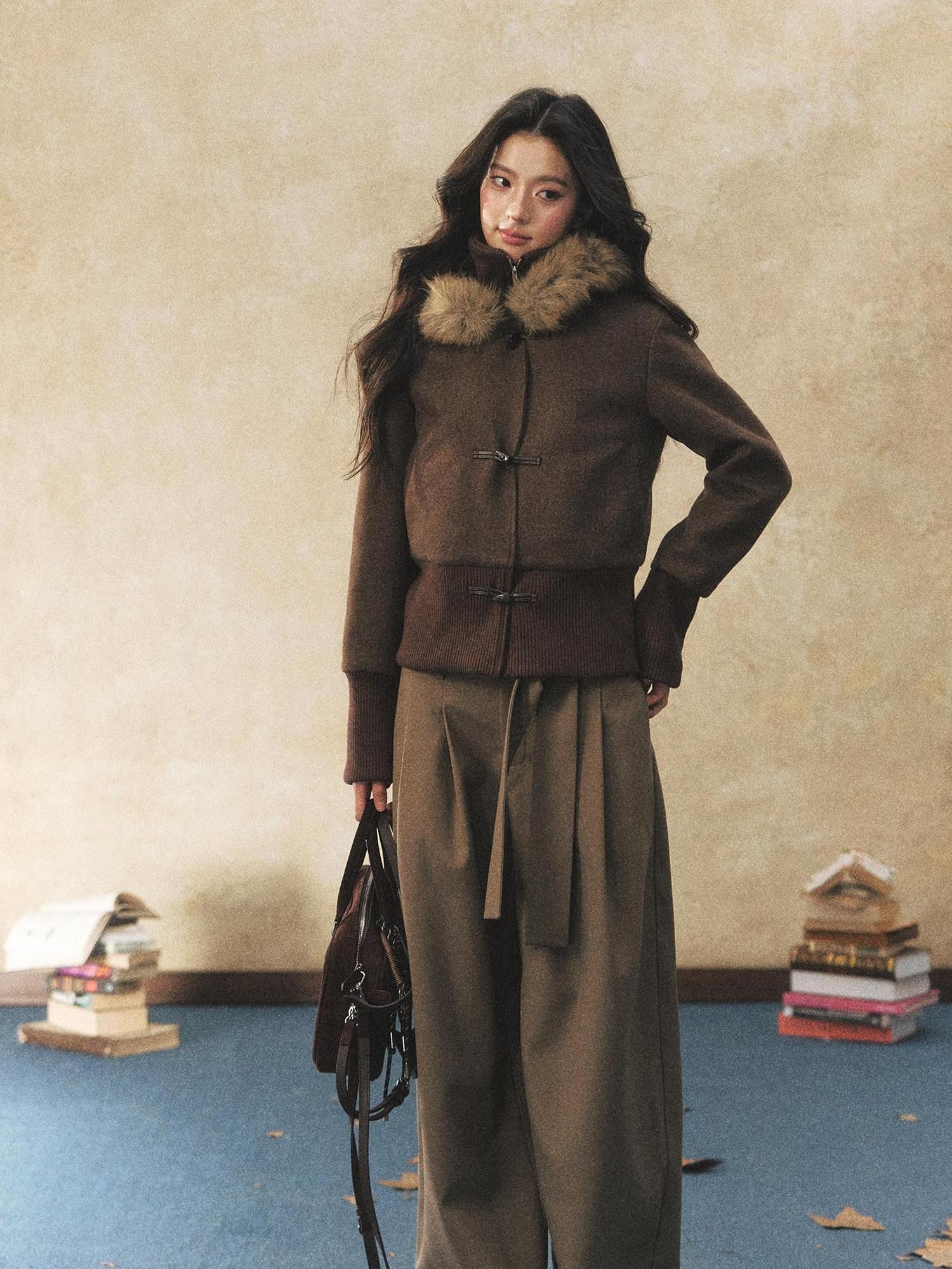 7Shiftin Two Tone Faux Two Piece Waist Cinched Fur Collar Women&