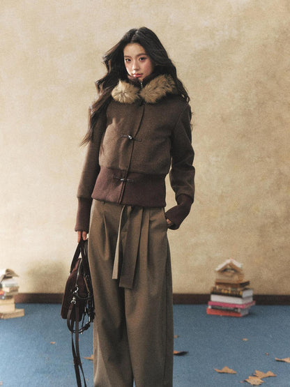 7Shiftin Two Tone Faux Two Piece Waist Cinched Fur Collar Women&