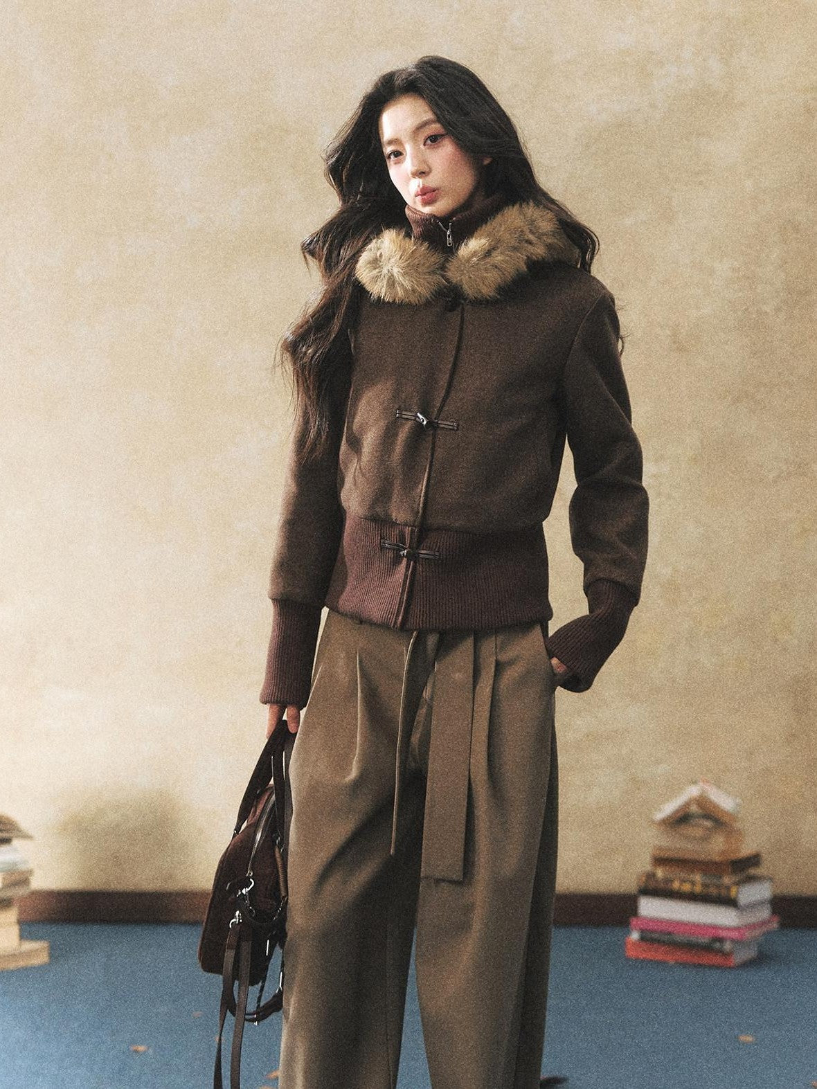 7Shiftin Two Tone Faux Two Piece Waist Cinched Fur Collar Women&