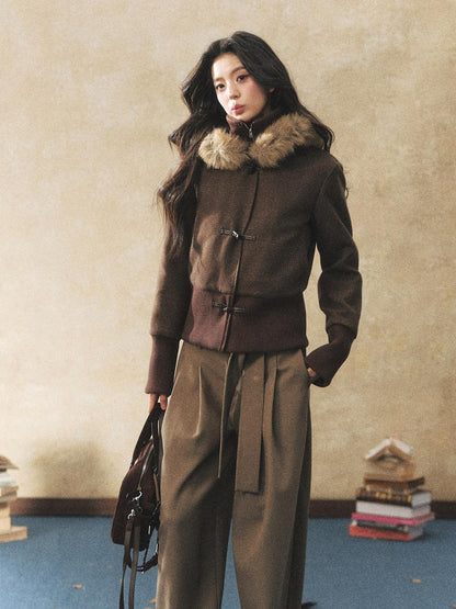 7Shiftin Two Tone Faux Two Piece Waist Cinched Fur Collar Women&