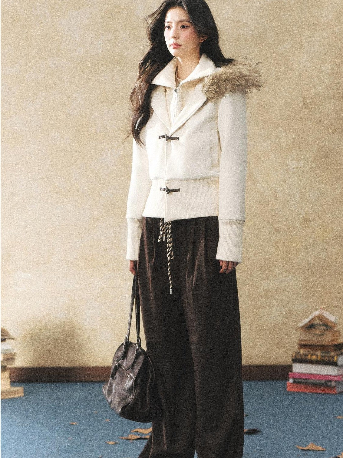 7Shiftin Two Tone Faux Two Piece Waist Cinched Fur Collar Women&