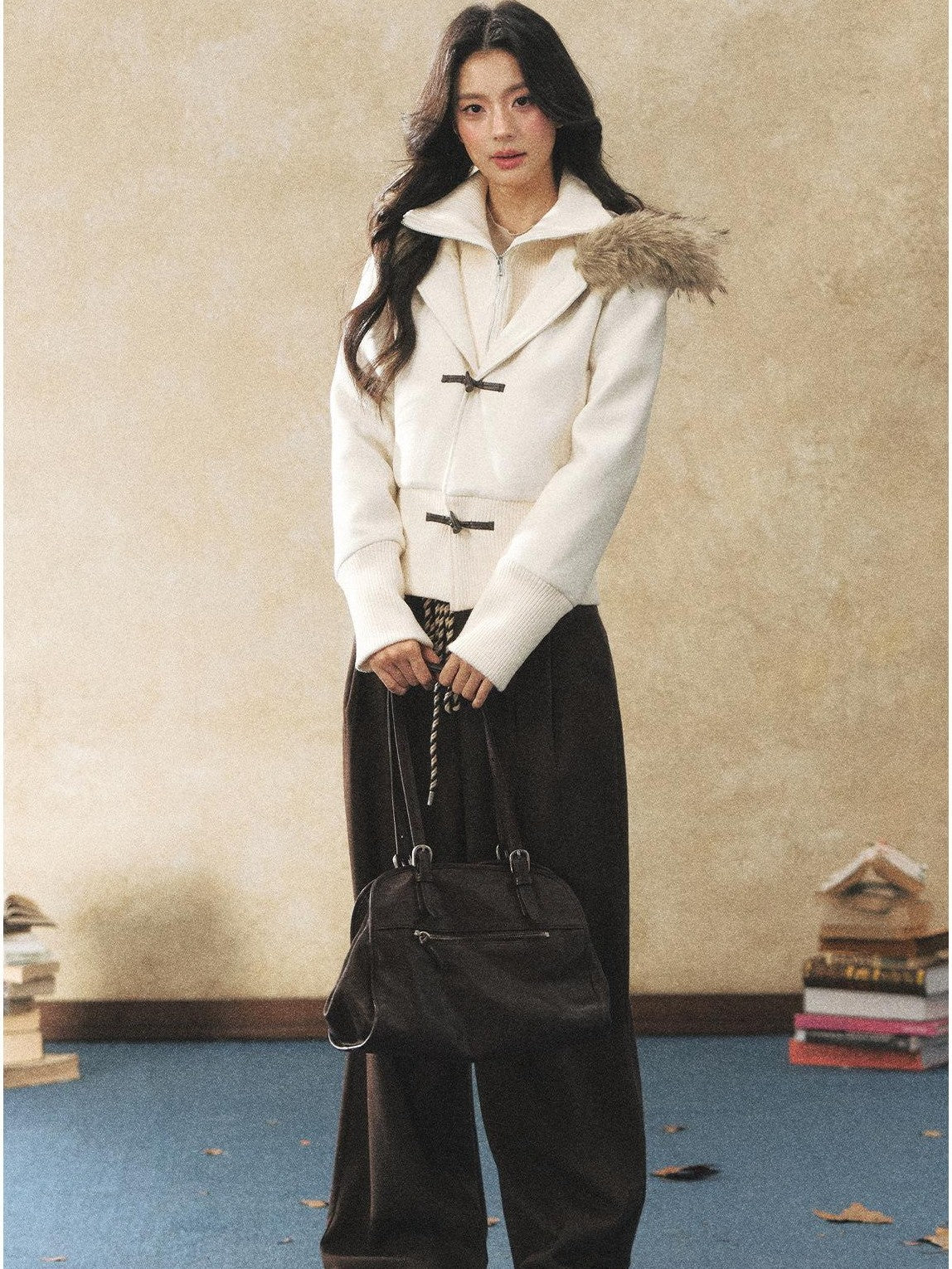 7Shiftin Two Tone Faux Two Piece Waist Cinched Fur Collar Women&