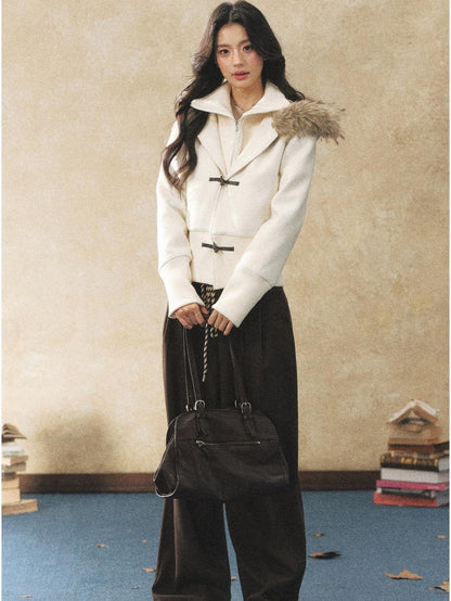 7Shiftin Two Tone Faux Two Piece Waist Cinched Fur Collar Women&