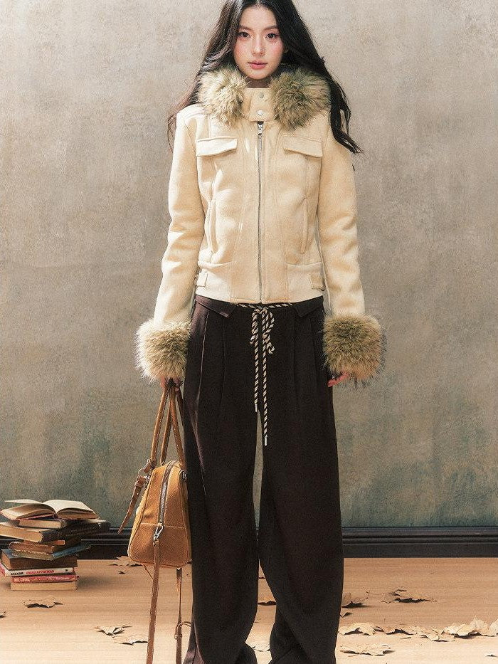 7Shiftin Two Tone Hooded Large Fur Collar Slim Women&