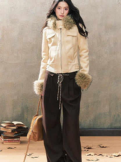 7Shiftin Two Tone Hooded Large Fur Collar Slim Women&